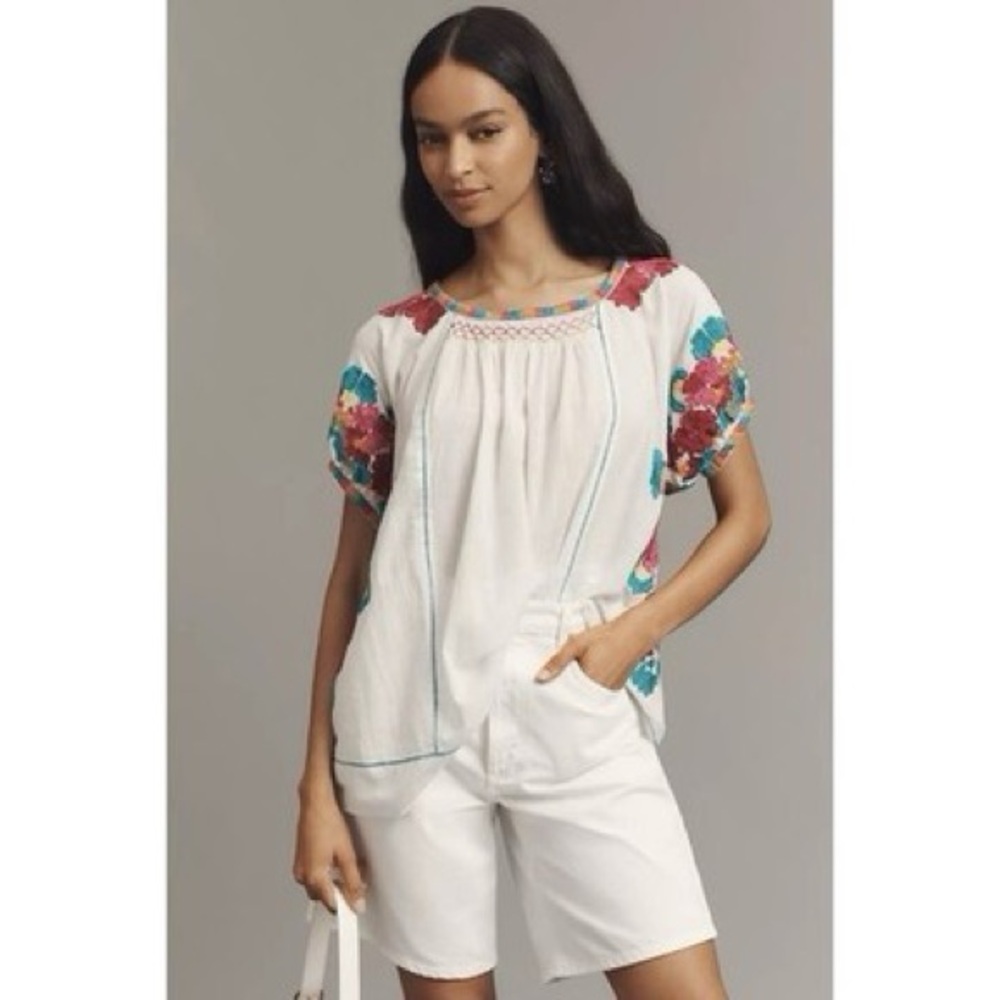 Anthropologie NWT Embroidered Tunic Top with Colorful Neck Trim